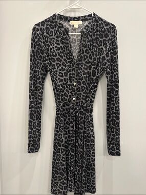 MICHAEL Michael Kors Black & Gray Leopard-Print Long-Sleeve Tie-Waist Dress